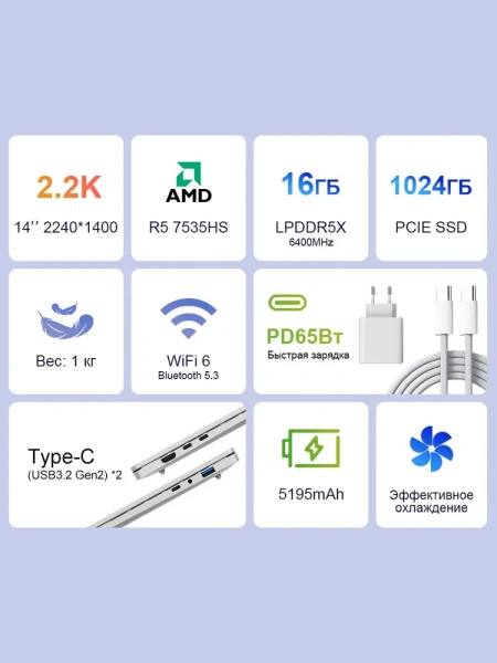 Ноутбук Ninkear S14 с AMD Ryzen 5 7535HS в серебристом корпусе
